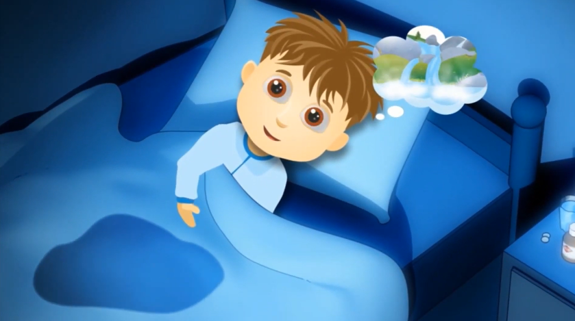 cartoon of a teenager wetting his bed because of his dream