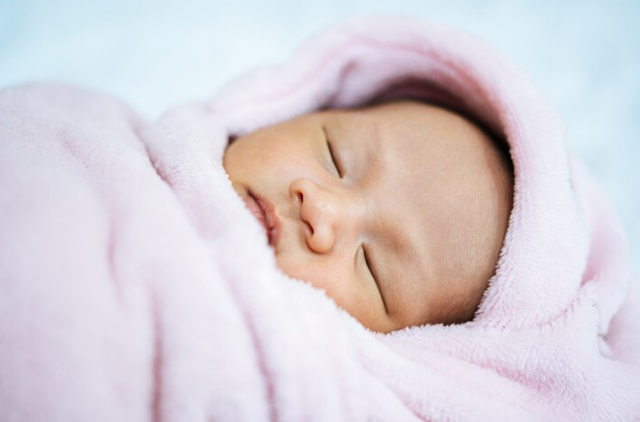 newborn girl sleeping wrapped in a pink blanket